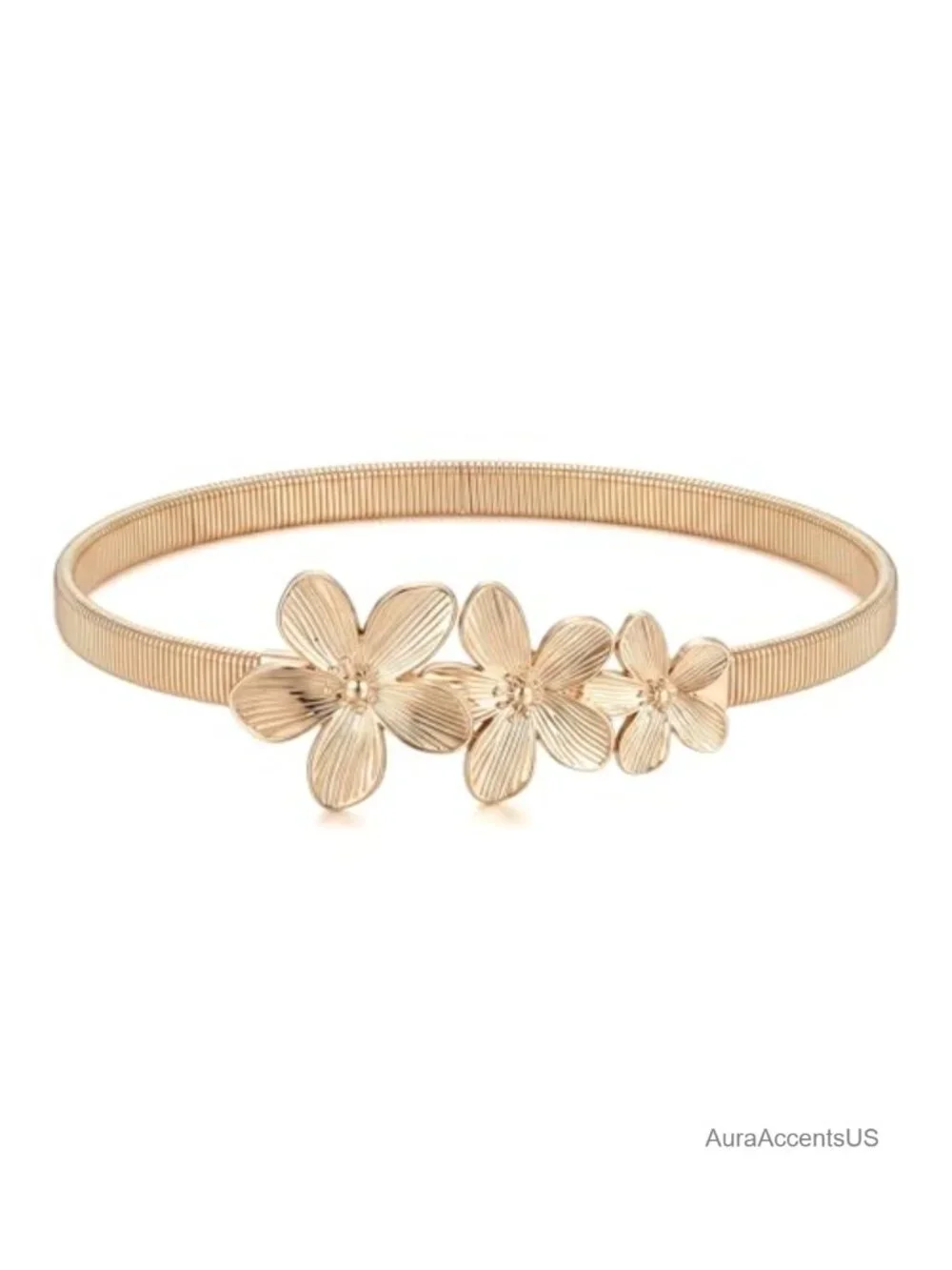 Metal Stretch Waist Belt, 3D Floral Decor Elastic Waist Chain Rose Gold Plated
